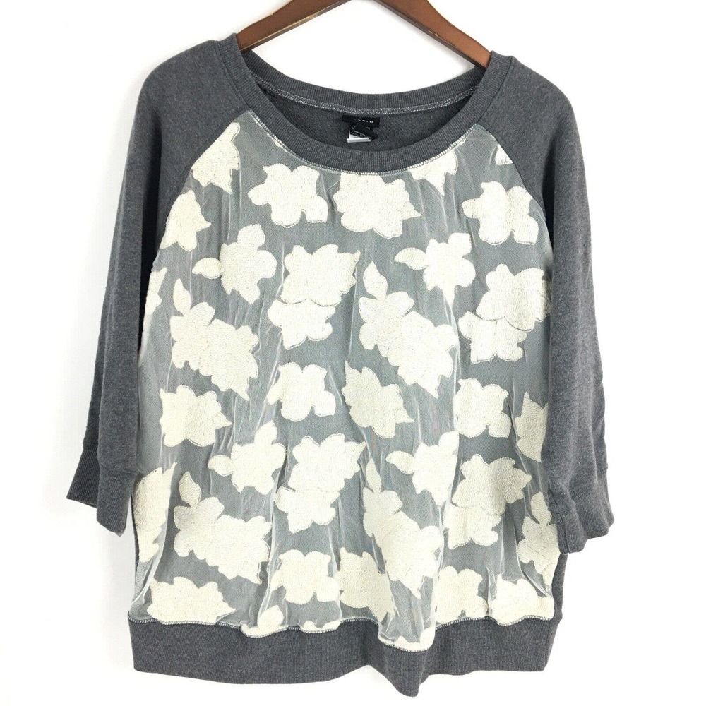 Torrid Womens Sweater 1X Gray Beige Embroidered Overlay 3/4 Sleeve Lightweight